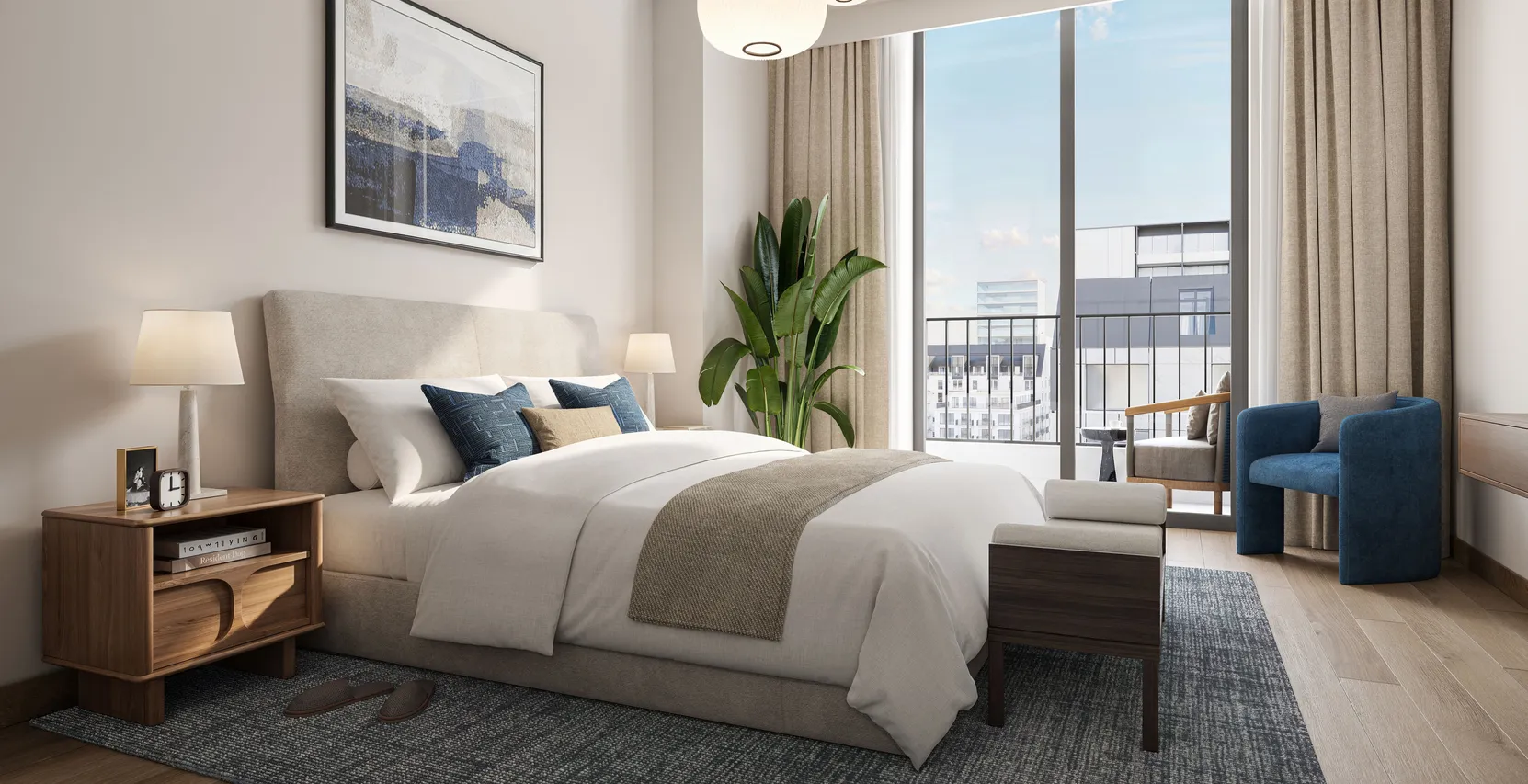 Contemporary staging a bedroom with a beige upholstered bed, blue accent chairs, natural wood nightstands, and floor-to-ceiling windows bringing in abundant daylight.